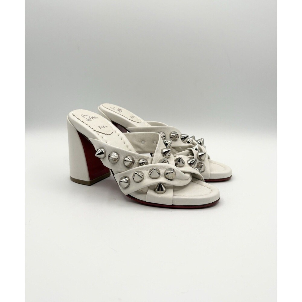 Christian Louboutin White Leather Spiked Spika Club Block Heel Sandal Size EU 36 - Picture 2 of 11